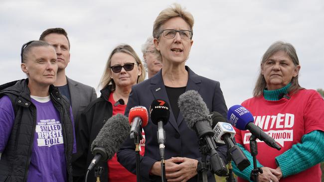 ACTU secretary Sally McManus and Australian Services Union vice-president SA and NT branch Robert Habel respond to the wages decision. Picture: Dean Martin