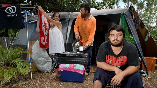 Merisse and Justin van Os (correct) with their son Conway, are living in a tent in a caravan park because they can't find a place to live. Picture: Evan Morgan