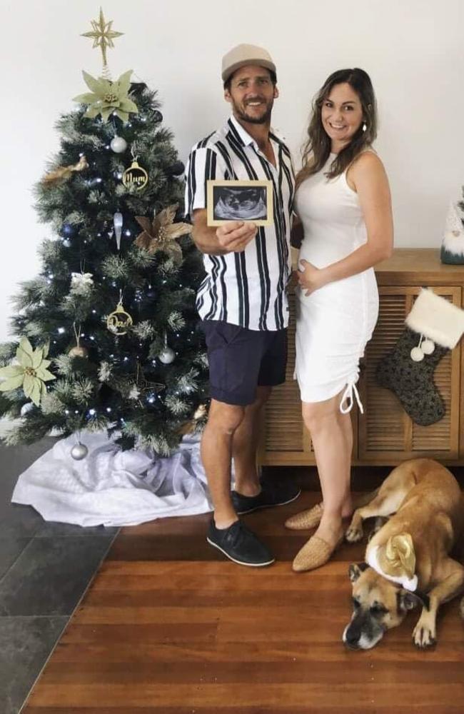 Matty Field and Kate Leadbetter hold a picture of their unborn child, Miles. Picture: Facebook