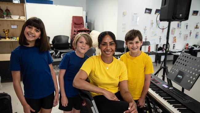 Nina Gallas of Mascot, Jacob Ashley of South Coogee, Paulini Curuenvauli and William Steiner of Eastlakes at the Academy of Music and Performing Arts at Alexandria where they rehearse for Joseph and the Amazing Technicolor Dreamcoat. Picture: Lara Jane Photography