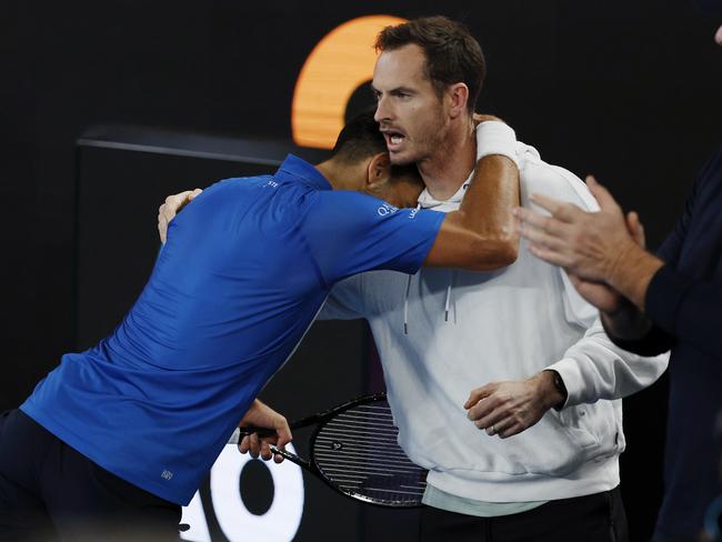 Novak Djokovic celebrates a win at the Australian Open with his coach Andy Murray. Picture: Michael Klein