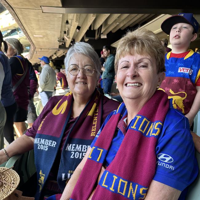 Meredith Thornton (left) of Warwick and Anne Taylor of Cleveland at the Brisbane Lions’ Captain’s Run at the MCG on Friday.