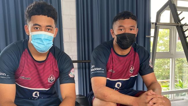 Ipswich State High School rugby league players Josiah Patea and Kulikefu Finefeuiaki are masked up and ready to play when the Langer Trophy competition resumes.