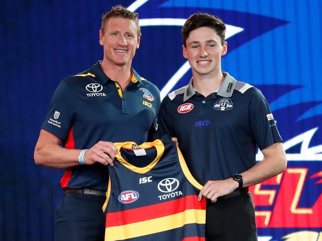 Chayce Jones, right, said getting picked at number nine was “a bit surreal”. Picture: Adam Trafford/AFL Media/Getty