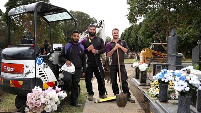 Rookwood Cemetery’s grave diggers Andrew Jasmin, of The Ponds, Aziz Nanouh, of Hurstville, and Cory Brown, of Revesby. Picture: AAP/ Justin Sanson