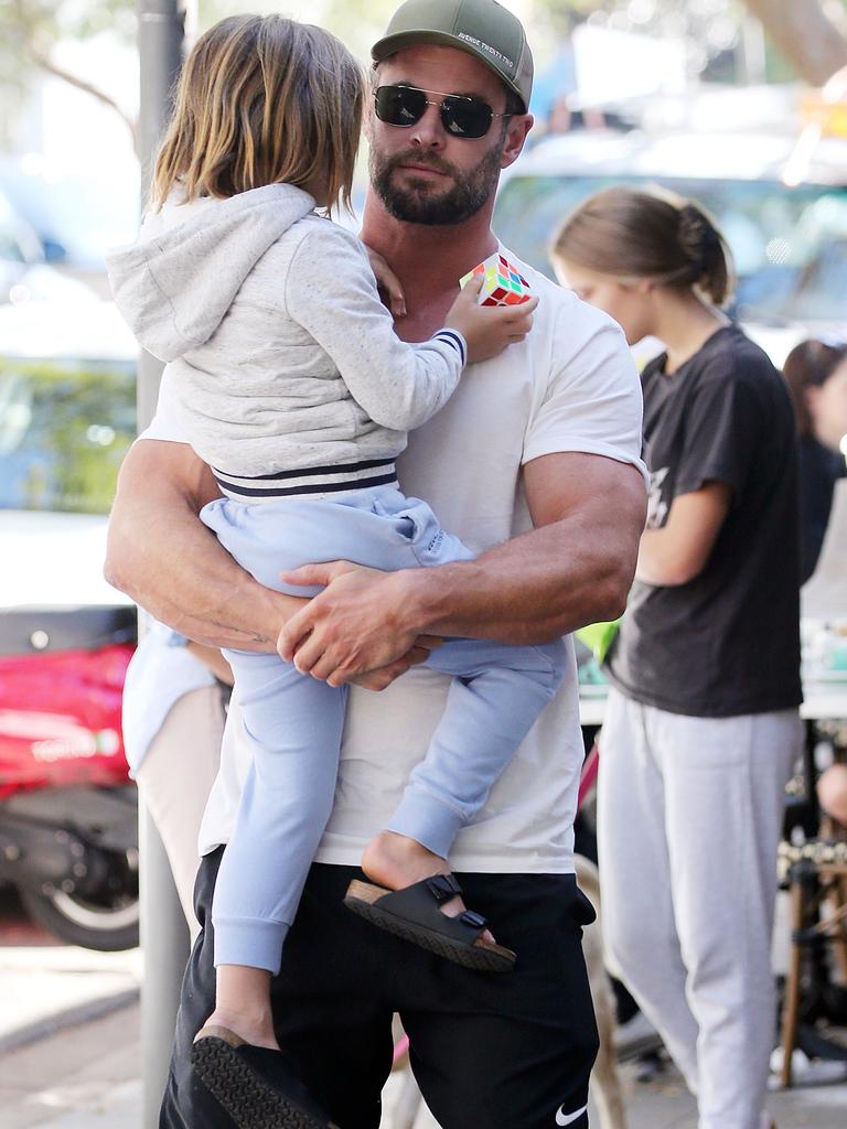 Chris Hemsworth brought one of his children along for the catch-up. Picture: Matrix