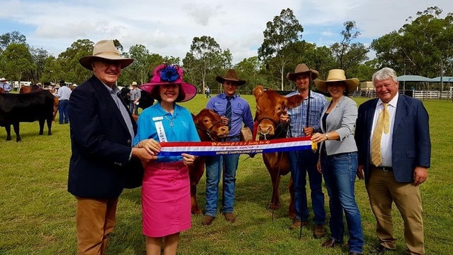 Paul Forman from Oakwood Limousins won the Supreme Beast of the Proston Show with a Oakwood Native Cutt and her calf. Pictured here with Mayor Keith Campbell, Deputy Mayor Kathy Duff, Nanango MP Deb Frecklington and Flynn MP Ken O'Dowd.