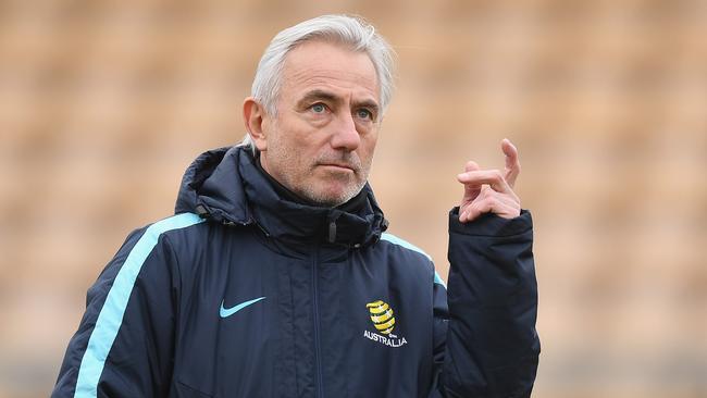 The Australian Socceroos Manager Bert van Marwijk gives instructions during a training session