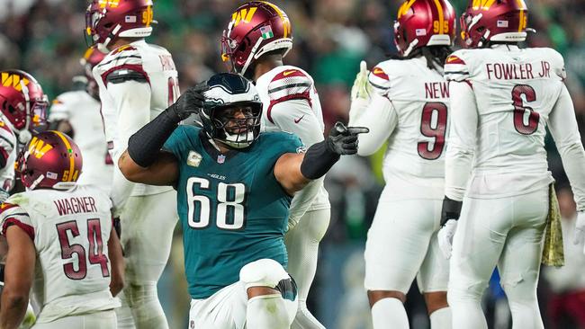 Jordan Petaia is hoping to follow in the footsteps of Jordan Mailata, who has starred for the Eagles since making the switch to the NFL. Picture: Mitchell Leff / Getty Images via AFP