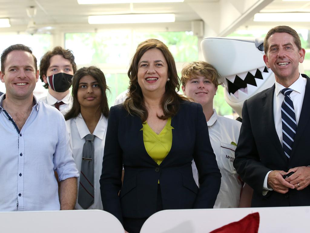 Premier Annastacia Palaszczuk and Treasurer Cameron Dick at Marsden State High School in Logan today. Picture: Jono Searle/NCA NewsWire