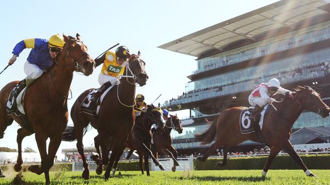 Santa Ana Lane (left) edged out Shoals (right) and In Her Time to win a thrilling Premiere Stakes. Picture: Getty Images