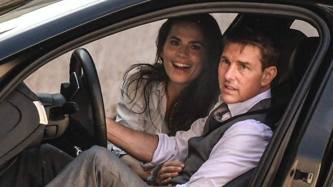 Tom Cruise and Hayley Atwell are pictured during the filming of "Mission Impossible: Lybra" on October 6 in Rome. Picture: AFP