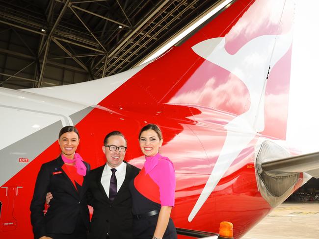 Qantas boss Alan Joyce showing off the Flying Kangaroo’s new look in Sydney in October. Picture: Renee Nowytarger