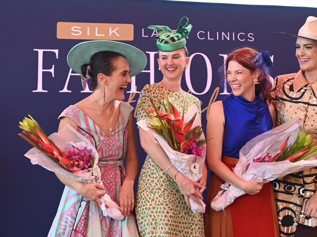 2021 Darwin Cup Fashions on the Field judges with Darwin Cup Carnival ambassador Hannah West. Picture: Julianne Osborne