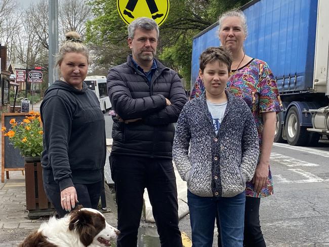 Hahndorf locals Catherine McLeod, with her dog Hunter, Jeremy Roberts, Cathryn Nitschke and son Solomon Nitschke in the Main Street.