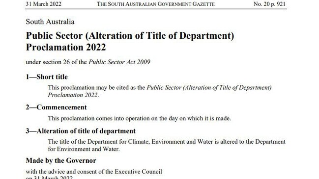 The Government Gazette notice for the name change of the Department for Environment and Water. Picture: Supplied