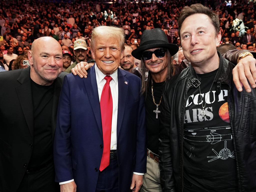 Joe Rogan, President Donald Trump, Kid Rock and Elon Musk pose during a UFC event at Madison Square Garden in New York last November. (Photo by Chris Unger/Zuffa LLC)