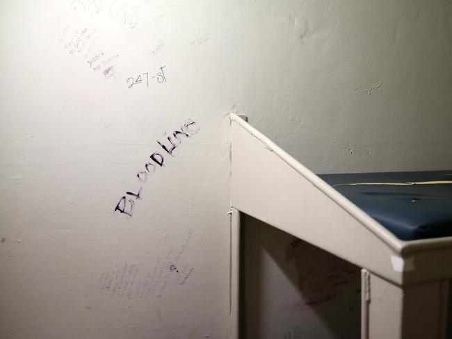 Cell graffiti inside one of the cells at Goulburn. The “Bloodlines” are an older Pacific Islander prison gang. Picture: Tim Hunter