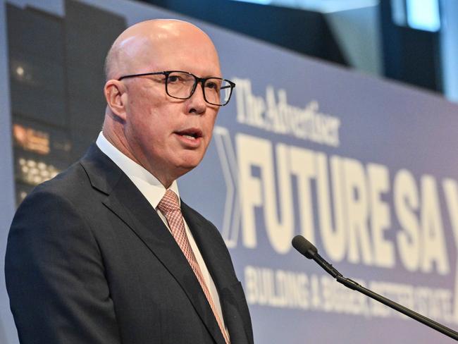 ADELAIDE, AUSTRALIA - NewsWire Photos FEBRUARY 21, 2025:  Leader of the Opposition Peter Dutton delivers a speech at the Building a Bigger, Better SA Forum. Picture: NewsWire / Brenton Edwards