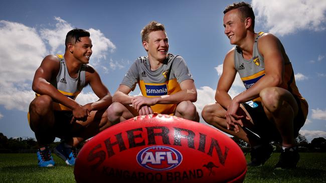 James Sicily with fellow 2013 draftees Dayle Garlett and Billy Hartung. Picture: Colleen Petch