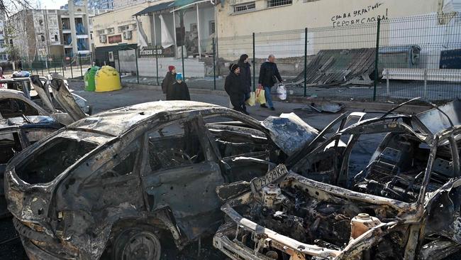 A view of the cars which were destroyed by recent shelling in Kyiv outskirts. Picture: AFP