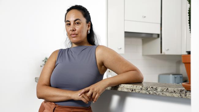 Pictured at her home in North Sydney is Rusha Paenga. She and her partner spent months going to 27 open homes and made multiple applications before being approved for their apartment. Picture: Richard Dobson