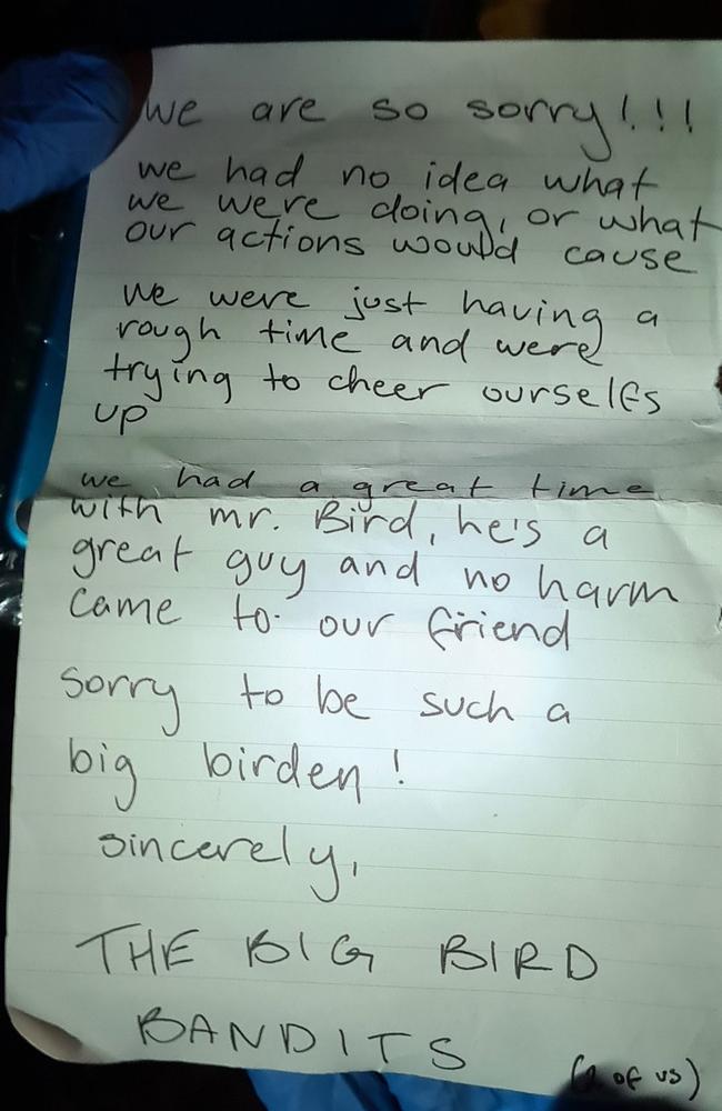 Apology letter from "The Big Bird Bandits". Picture: SA Police