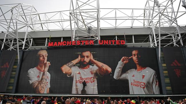 Outside Man U’s Old Trafford stadium prior to the Premier League match between Manchester United and Wolverhampton Wanderers on August 14, 2023. (Photo by Gareth Copley/Getty Images)