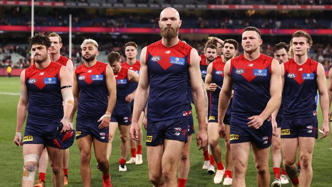 Skipper Max Gawn leads the Demons off the MCG after losing to Brisbane. Picture by Michael Klein