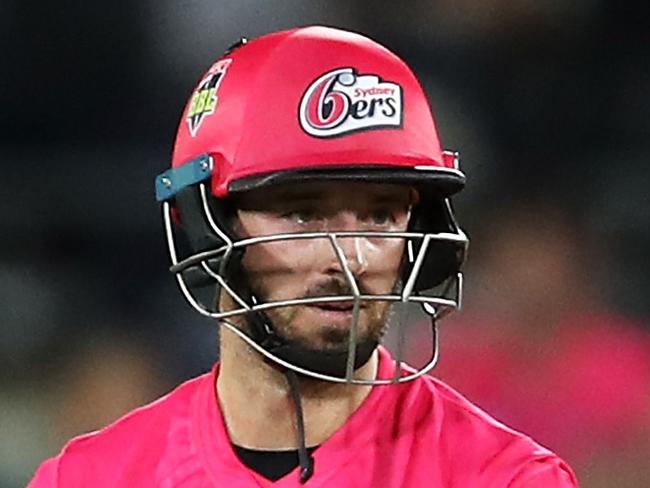 CANBERRA, AUSTRALIA - JANUARY 30: James Vince of the Sixers shows his frustration after a wide from Andrew Tye of the Scorchers gave the Sixers the win and left Vince not out on 98 during the Big Bash League match between the Sydney Sixers and the Perth Scorchers at Manuka Oval, on January 30, 2021, in Canberra, Australia. (Photo by Mark Kolbe/Getty Images)