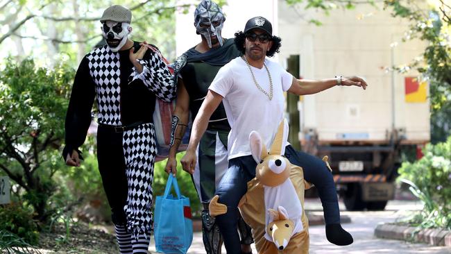 Adelaide Crows players Cam Ellis-Yolmen, Curtly Hampton and Eddie Betts arrive for their end of season lunch at Sunnybrae Estate Function Centre. Picture: Calum Robertson