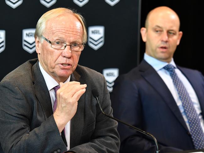 ARL Commission Chairman Peter Beattie and NRL CEO Todd Greenberg at a press conference at NRL headquarters in Sydney, Thursday, December 13, 2018. (AAP Image/Mick Tsikas) NO ARCHIVING