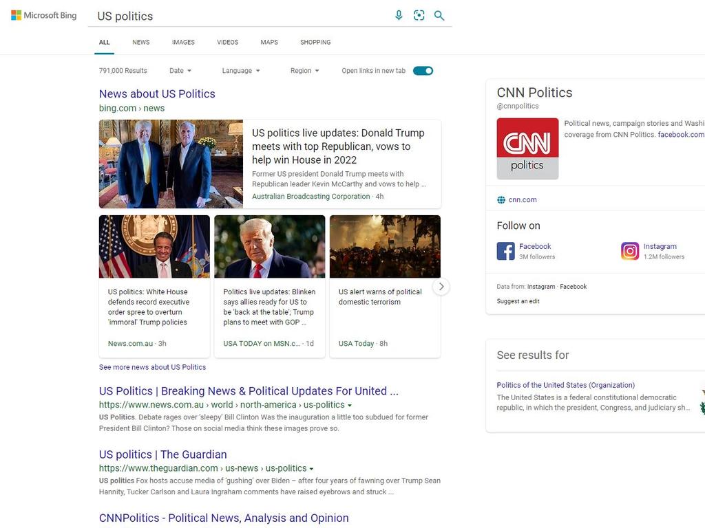 Bing returns a prominent display for CNN on the side.