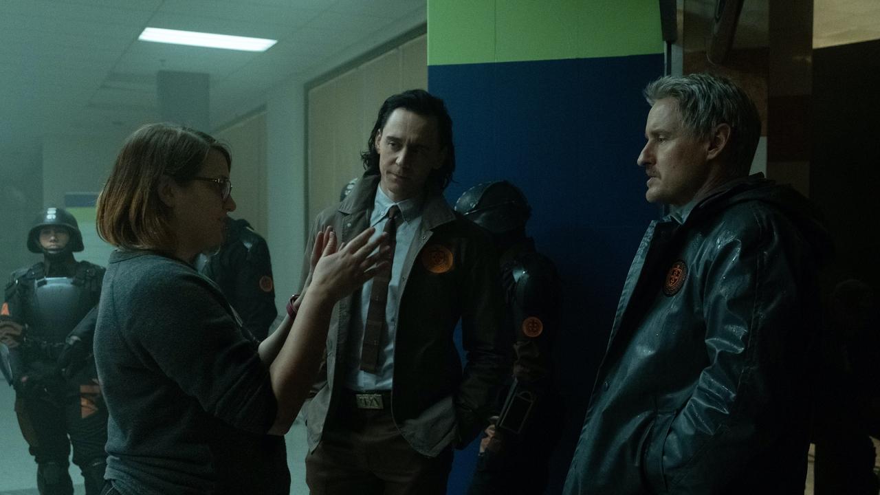 Kate Herron on the Loki set with Tom Hiddleston and Owen Wilson.