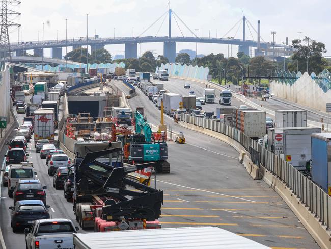 MELBOURNE, AUSTRALIA- NewsWire Photos DECEMBER 27 2023Traffic chaos on the Westgate bridge on the first day of lane closures.Three of the five in-bound lanes on Melbourne's West Gate bridge will be closed again this year from 9 pm Boxing Day until January 2nd. Last year there were extreme delays for motorists, with travel times exceeding an hour per kilometre at its worst.Picture: NCA NewsWire /Brendan Beckett