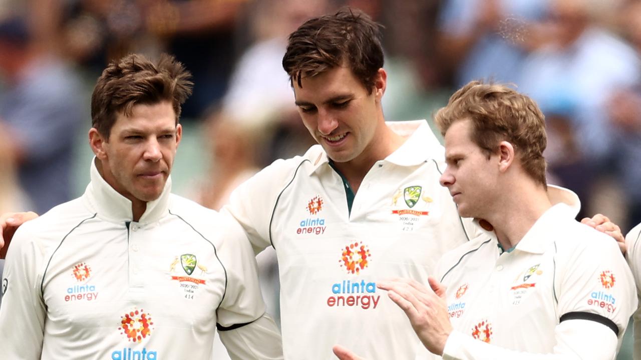 ADELAIDE, AUSTRALIA - DECEMBER 17: Tim Paine of Australia, Pat Cummins of Australia, Steve Smith of Australia and Marnus Labuschagne of Australia after the signing of the national anthem during day one of the First Test match between Australia and India at Adelaide Oval on December 17, 2020 in Adelaide, Australia. (Photo by Cameron Spencer/Getty Images)