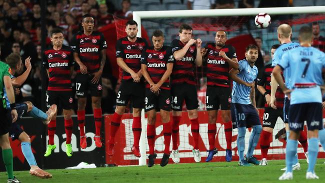 Wanderers defend during A League Derby match between the Western Sydney Wanderers and Sydney FC at ANZ Stadium. Picture: Phil Hillyard