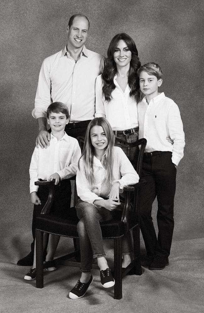 Prince William, Prince of Wales and Catherine, Princess of Wales pose with their three children Prince George, Princess Charlotte and Prince Louis for their official Christmas portrait. Picture: Josh Shinner/Kensington Palace via Getty Images