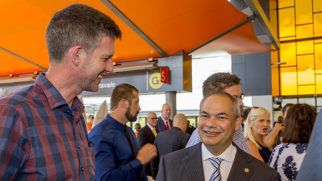 Opening morning of the Stage 2 of the Gold Coast light rail. Mark Bailey MP and Gold Coast Mayor Tom Tate talking. Picture: Jerad Williams