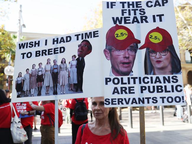 Teachers Cheryl Rose and Tina Lagoutaris at the March teachers’ on strike, where teachers walked off the job due to pay and entitlements. Picture John Grainger