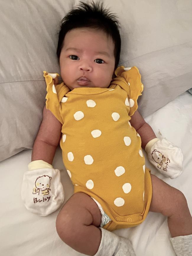 Ariella Shiloh Vargas was born with a full head of hair (though this pic is at four weeks old. Picture: Naomi