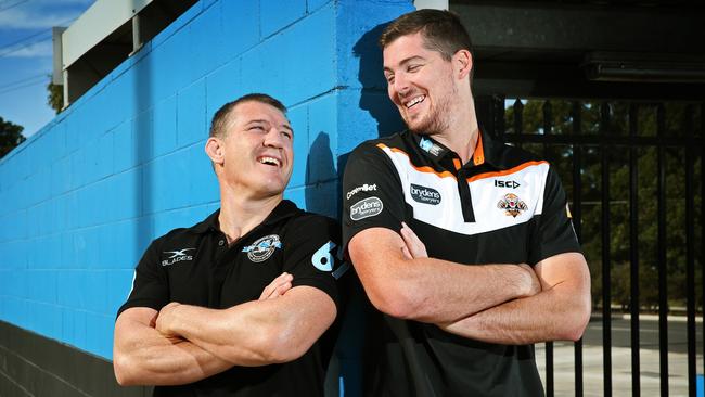 EMBARGOED for Saturday Telegraph - DO NOT USEPictured at Southern Cross Group Stadium in Cronulla is Sharks captain Paul Gallen and his cousin, Wests Tigers debutant Matthew Eisenhuth. They are set to face each other for the first time as players at Shark Park on Saturday.Picture: Richard Dobson