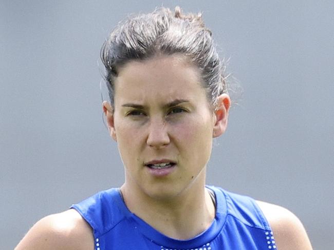 MELBOURNE, AUSTRALIA - OCTOBER 20: Libby Birch of the Kangaroos warms up during the round eight AFLW match between Essendon Bombers and North Melbourne Kangaroos at Windy Hill, on October 20, 2024, in Melbourne, Australia. (Photo by Martin Keep/AFL Photos/via Getty Images)