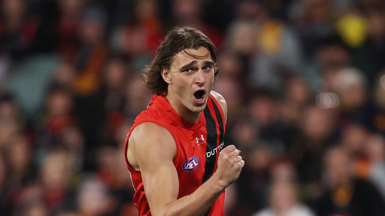 Harrison Jones celebrates a goal. (Photo by James Elsby/AFL Photos via Getty Images)