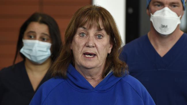 Lisa Fitzpatrick, the Australian Nursing and Midwifery Federation Victorian Branch secretary at a press conference at the Royal Melbourne Hospital. Picture: Andrew Henshaw