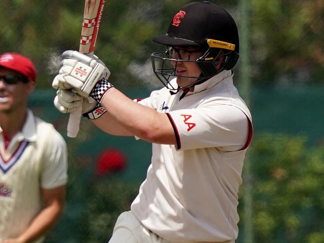 Aaron Ayre of Essendon pulls during the Premier Cricket: Essendon v Footscray match played at Windy Hill on Saturday 7th Dec, 2019.