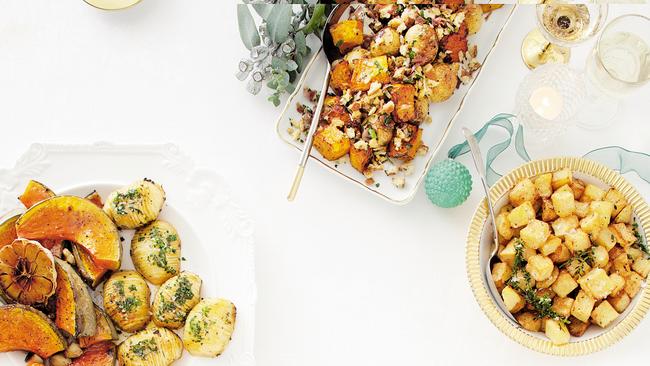 Roast potato and pumpkin with prosciutto and parmesan crumble. Picture: taste.com.au