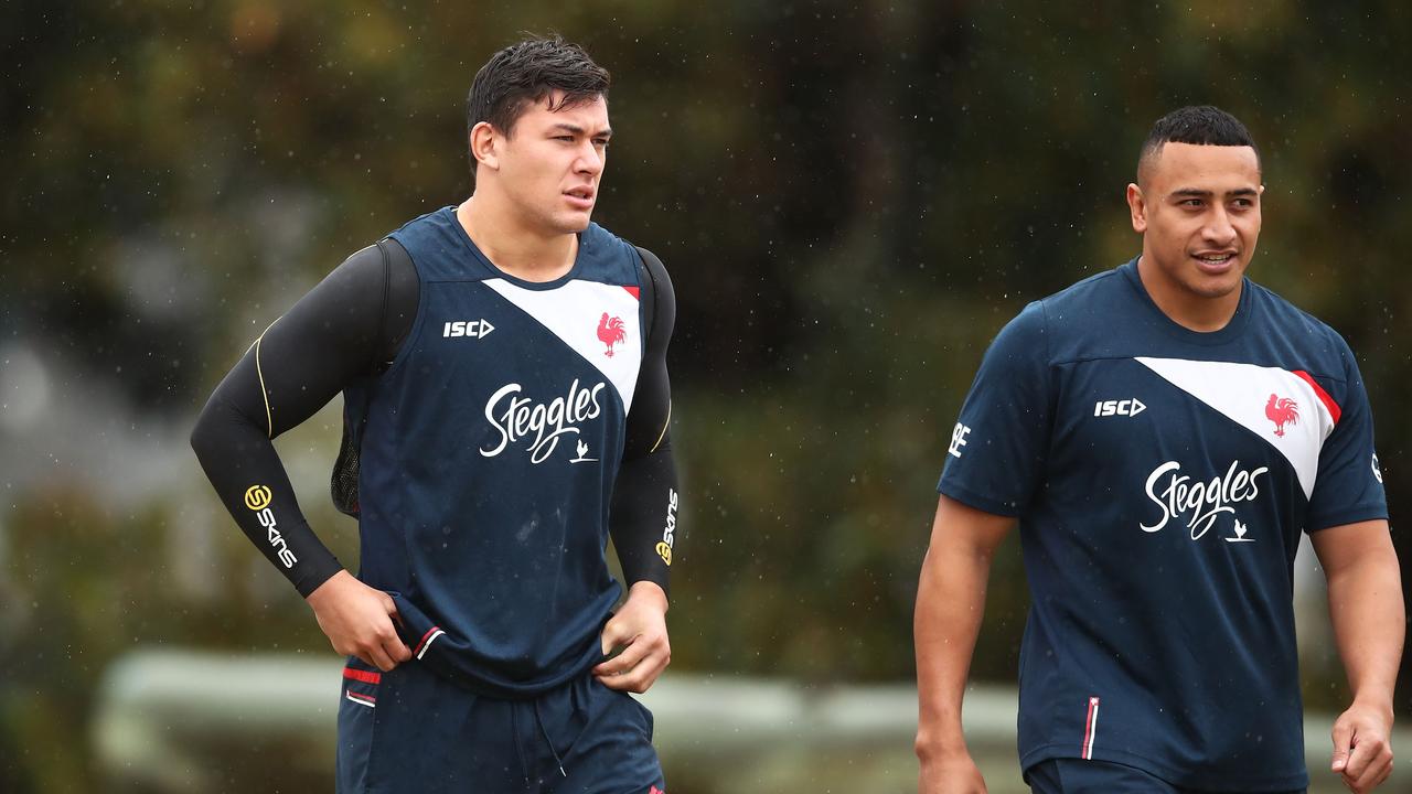 SYDNEY, AUSTRALIA – SEPTEMBER 03: Joseph Manu (L) and Sio Siua Taukeiaho (R) arrive during a Sydney Roosters NRL training session at Kippax Lake Oval on September 3, 2018 in Sydney, Australia. (Photo by Matt King/Getty Images)