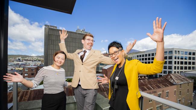 Tour Manager Stephanie Yang, Assistant Manager Thomas Allie and Chief Projects officer Nancy Teo, ready to welcome guests into their new apartments. Launch of Hobart City Apartment Hotel in Elizabeth St, Hobart. Picture: Richard Jupe