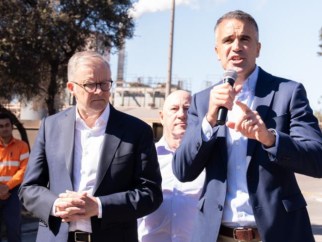 WHYALLA, AUSTRALIA - NewsWire Photos - 20 FEBRUARY, 2025: Australian Prime Minister Anthony Albanese and South Australian Premier Peter Malinauskas are pictured visiting with workers at Whyalla Steelworks in South Australia. Picture: NewsWire / Tim Joy